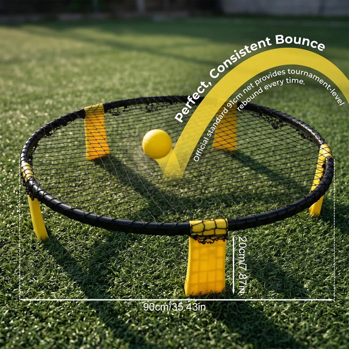 Profi Roundnet Set für Draußen Stabiles Outdoor Spieleset für Garten und Strand Tragbares Ballspiel für Erwachsene und Kinder inklusive Netz 2 Bälle Pumpe und Tasche Gelb