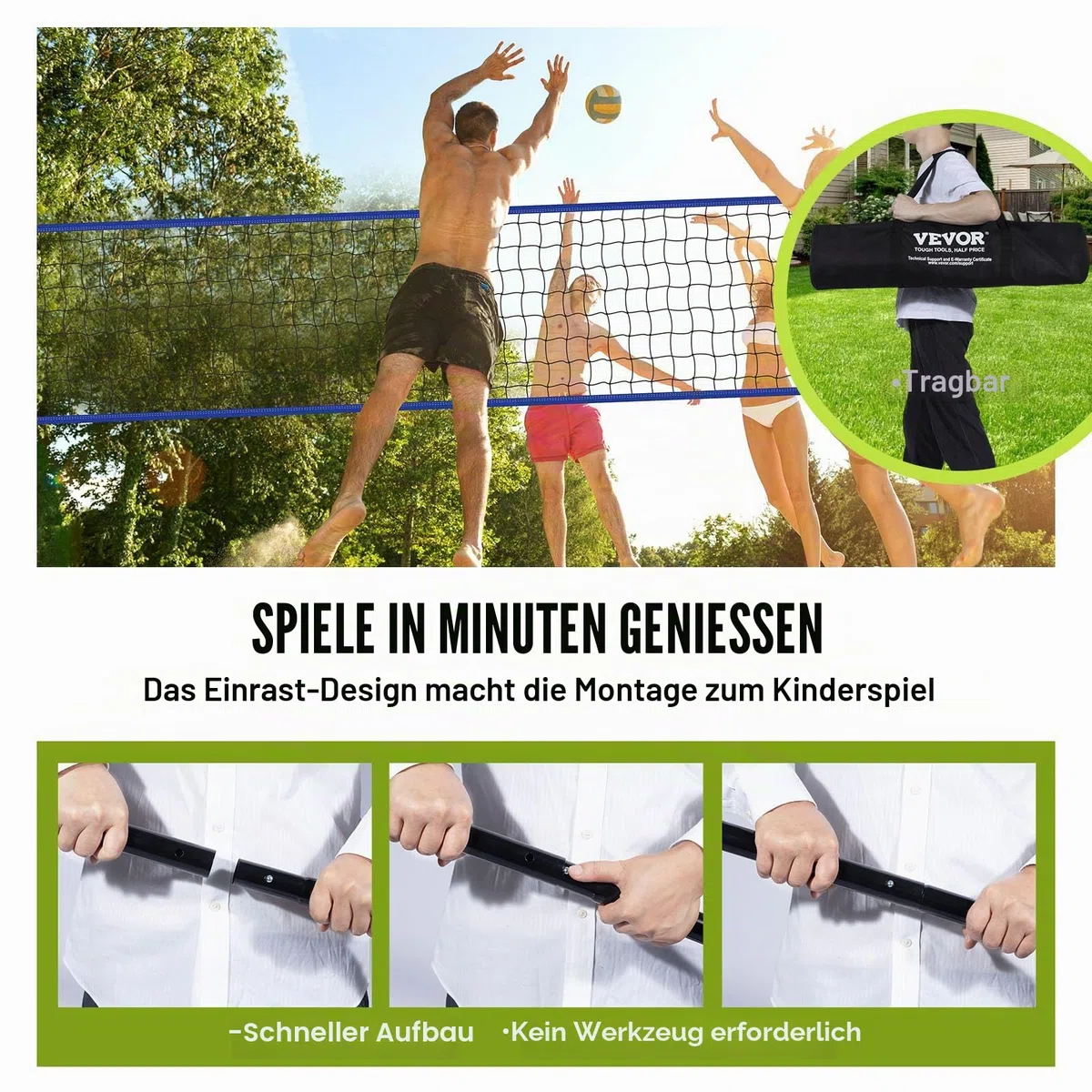 VEVOR Höhenverstellbares Volleyballnetz Set, 9,7 x 2,4 m Tragbarer Beachvolleyball-Netz, Blau Faltbar Mit Volleyball & Tragetasche, Für Garten, Strand