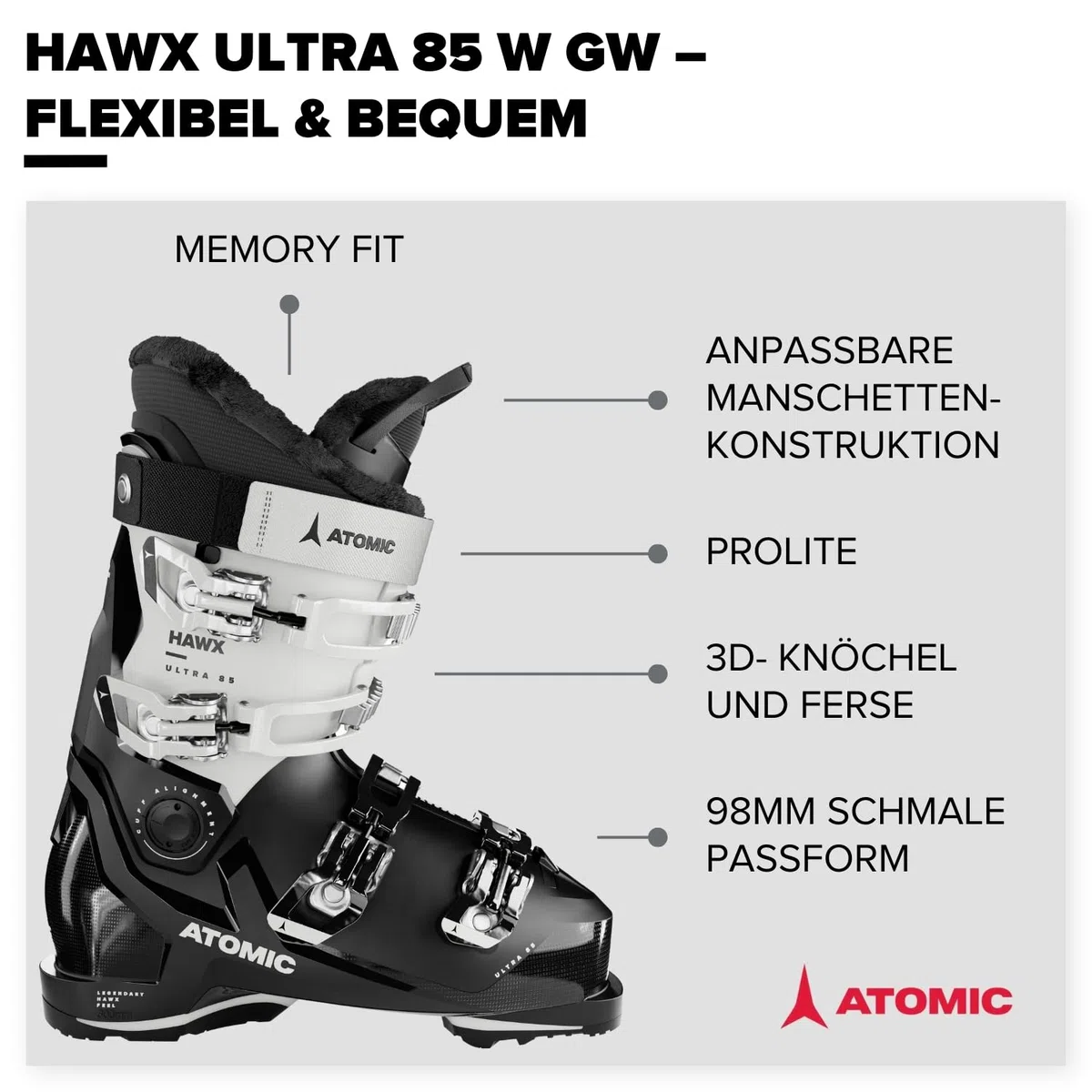 Atomic HAWX Ultra 85 W GW Skischuhe - Damen-Skischuh in Schwarz/Weiß - Boots mit 3D Knöchel & Ferse für anatomische Passform - Schmale Skistiefel mit 98 mm Passform