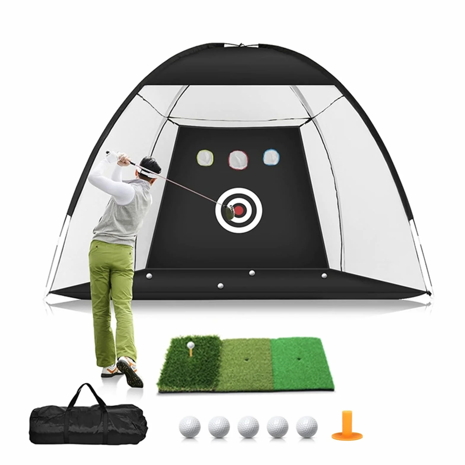 Golf-Übungsnetz, 300 x 200 cm, mit Tri-Turf-Matten-Set, Golf-Trainings-Chipping-Hilfe-Netze mit reduziertem Lärm, Nylon-Ziel