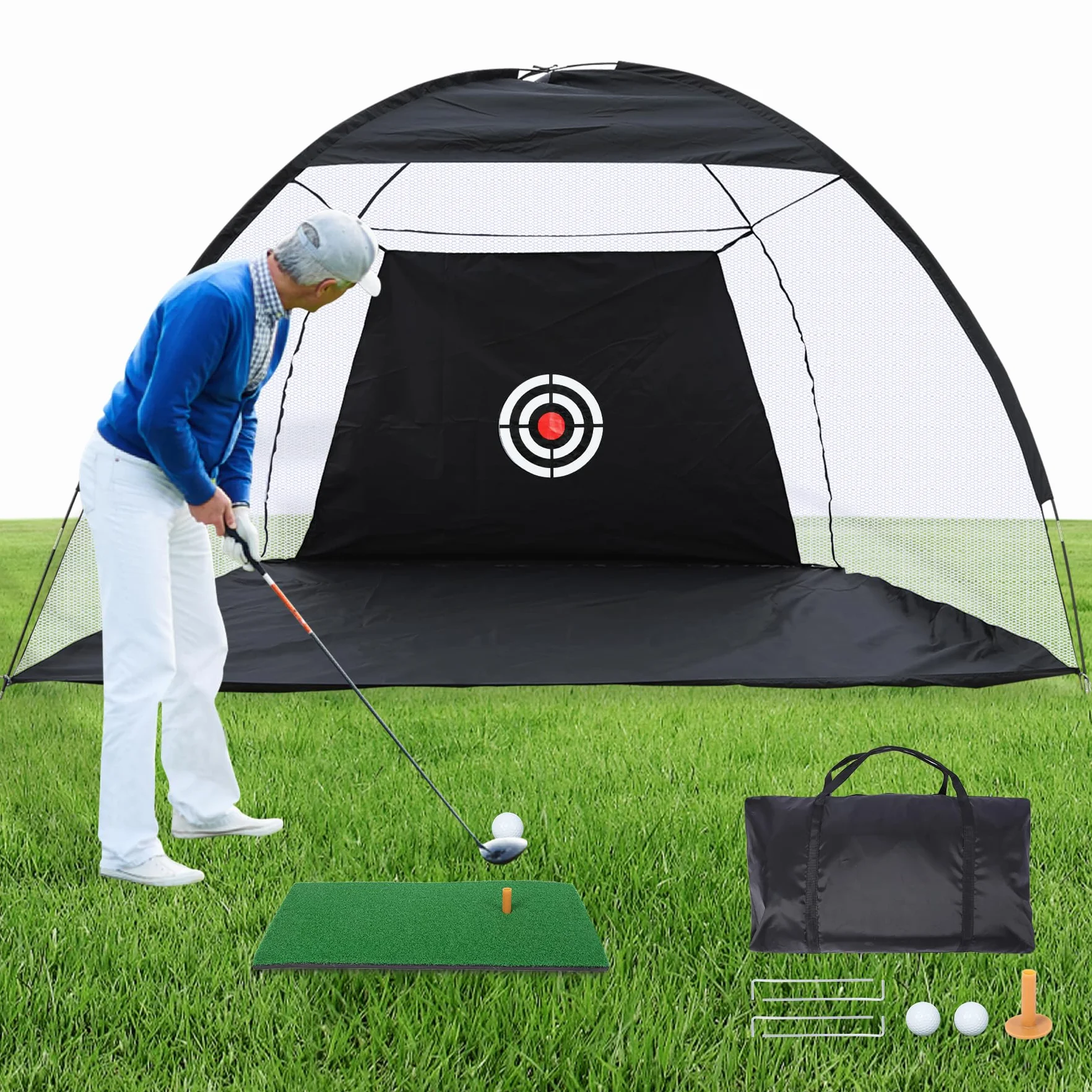 REDCAMP 10x7ft Golf Training Net mit Schlagmatte für Indoor Outdoor Hinterhof, beinhaltet tragbare Tragetasche,10 Bälle, 7 Tees, Verbesserung des Trainings All-in-1 Golf Übungsnetz