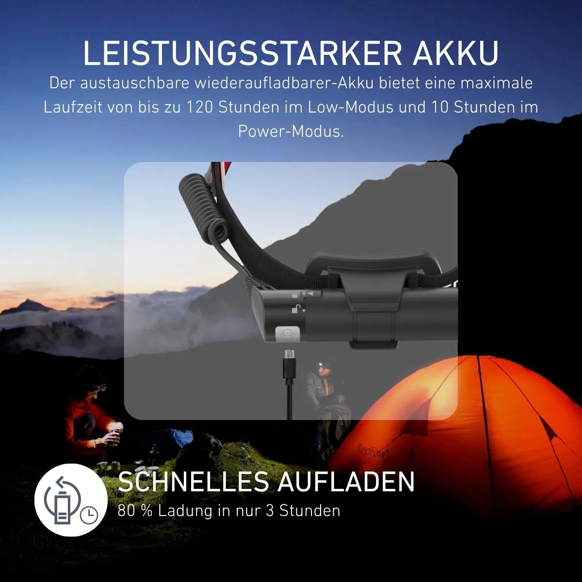 Ledlenser H8R Stirnlampe LED, aufladbar mit Lithium 18650 Akku, 600 Lumen, fokussierbar, bis zu 120h Laufzeit, rotes Rücklicht, schwenkbar, USB Ladekabel, Headlamp