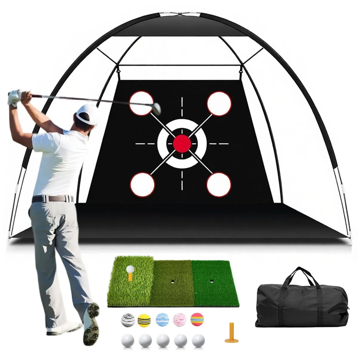 Golf-Übungsnetz mit Matte, tragbares Trainingsset (300 x 200 cm) mit Zielscheibe, 3 Abschlagmatten, 10 Golfbällen, Tees und Tragetasche für drinnen und draußen