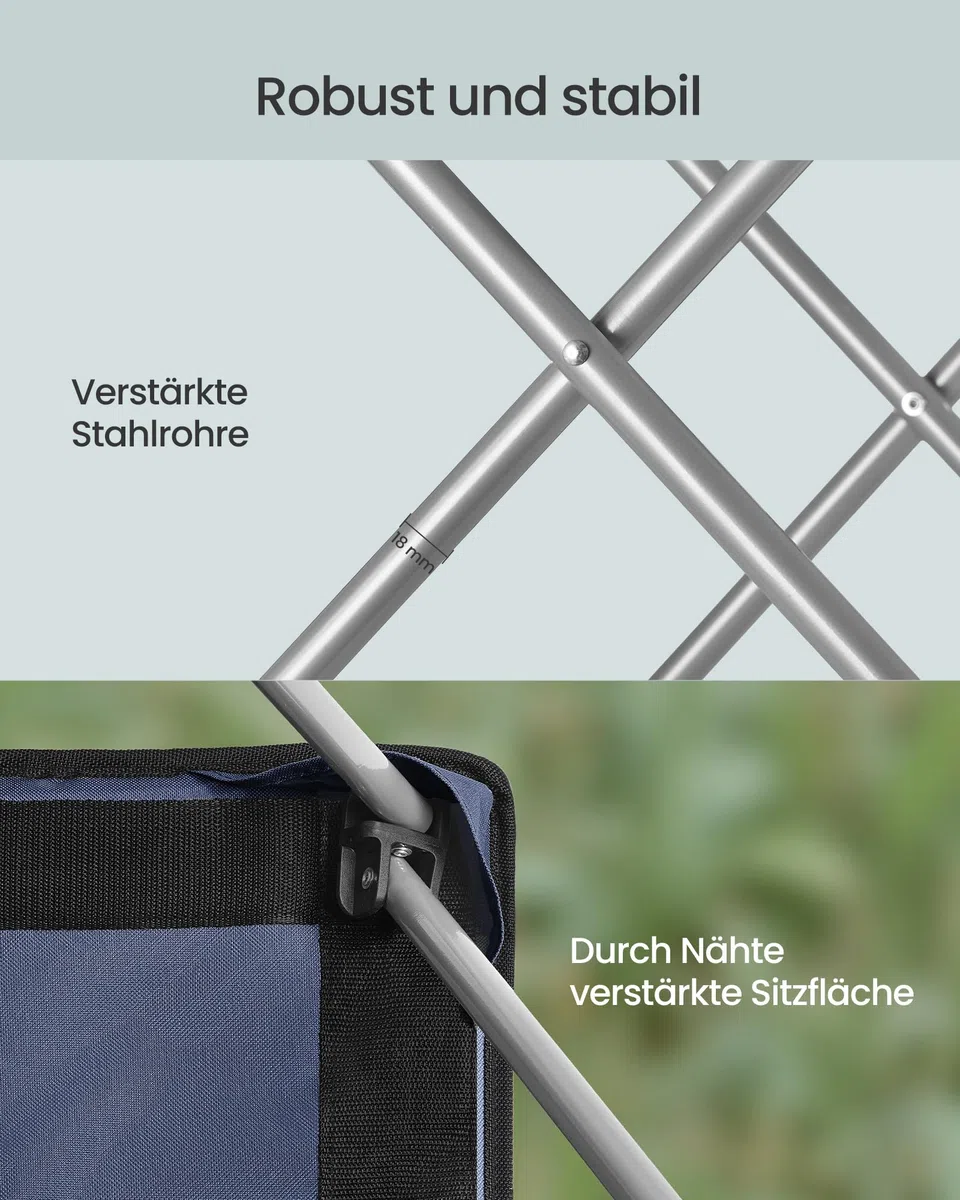 SONGMICS Campingstuhl, klappbar, Klappstuhl, breiter Sitz, hohe Rückenlehne, Outdoor-Stuhl, tragbar, Outdoor-Stuhl, mit Getränkehalter, Handyhalter, Stoff-Organizer, blau-grau GCB005QE01