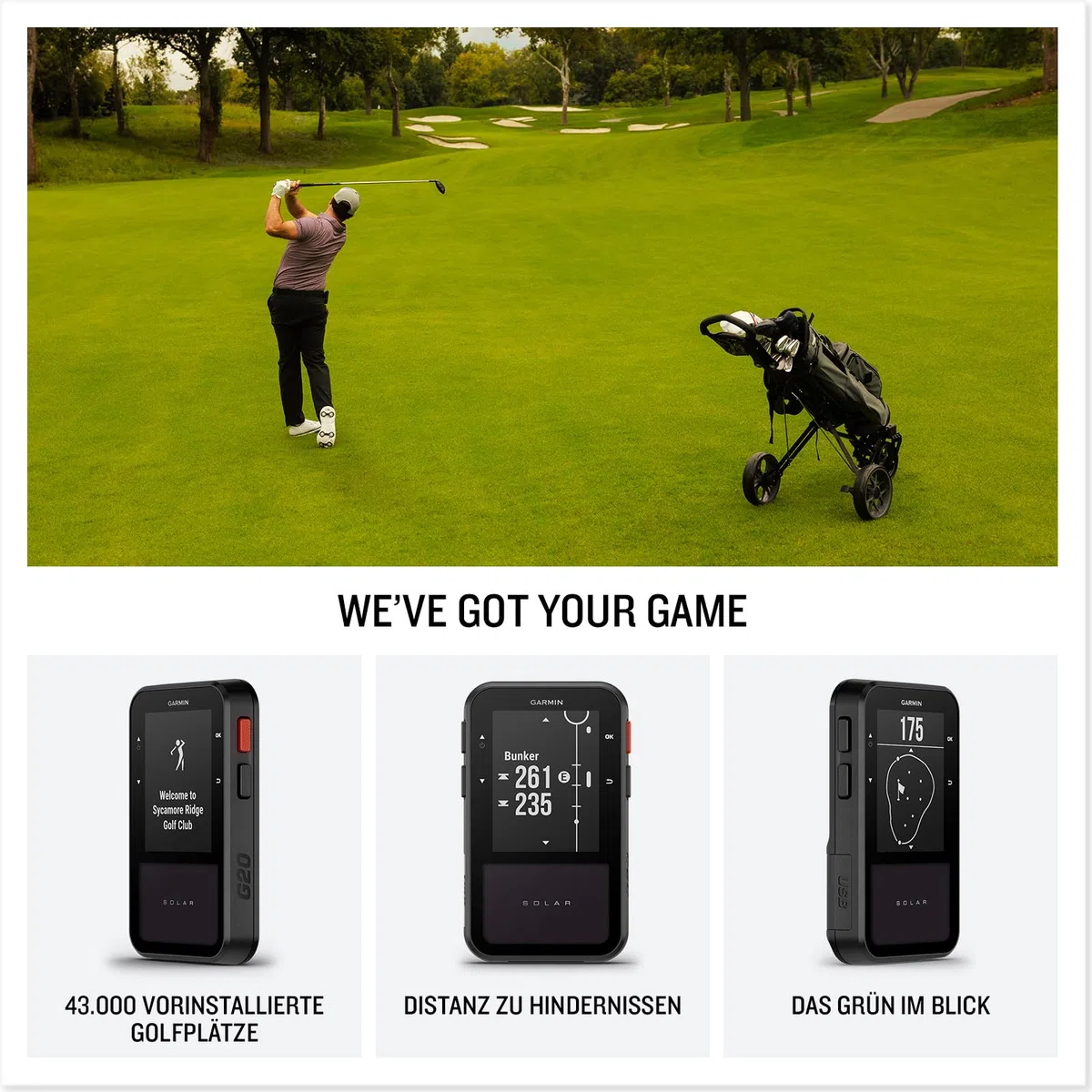 Garmin Approach G20 Solar - Golf-Handgerät mit 2,2"-Display, Solarladung für eine Lange Akkulaufzeit, Entfernungsangaben zu Hindernissen und zum Grün und über 43.000 Golfplätze weltweit