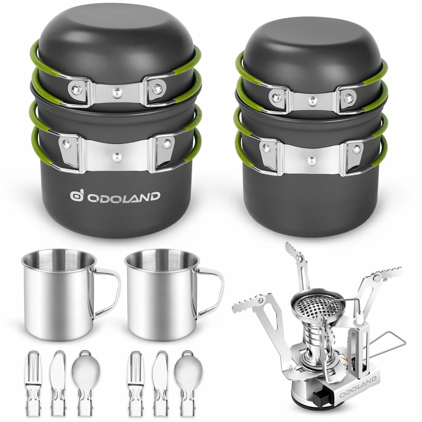 Odoland Camping Geschirr Set 16 PCS für 2 Personen Outdoor Kochgeschirr aus Aluminium und Edelstahl Camping Töpfe Becher Faltbare Besteck Mini Campingkocher für Outdoor Geschirr Picknick Wandern