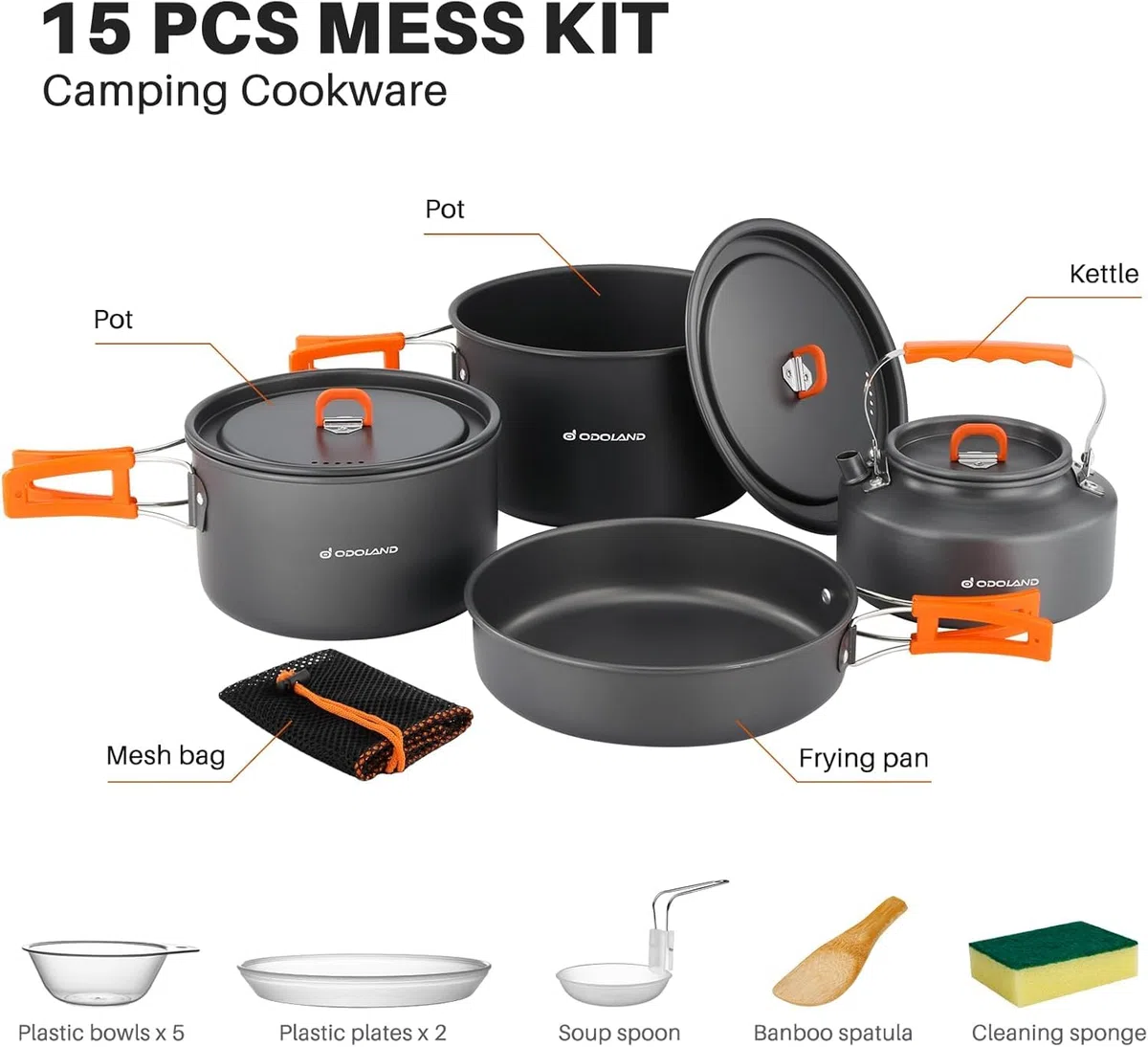Odoland Camping Geschirr Set 15 Teilig, Outdoor Kochgeschirr Set mit 2 Topfe, Bratpfanne und Wasserkocher Camping Kochtopf Set, Kochgeschirr Aluminium für 4-5 Personen