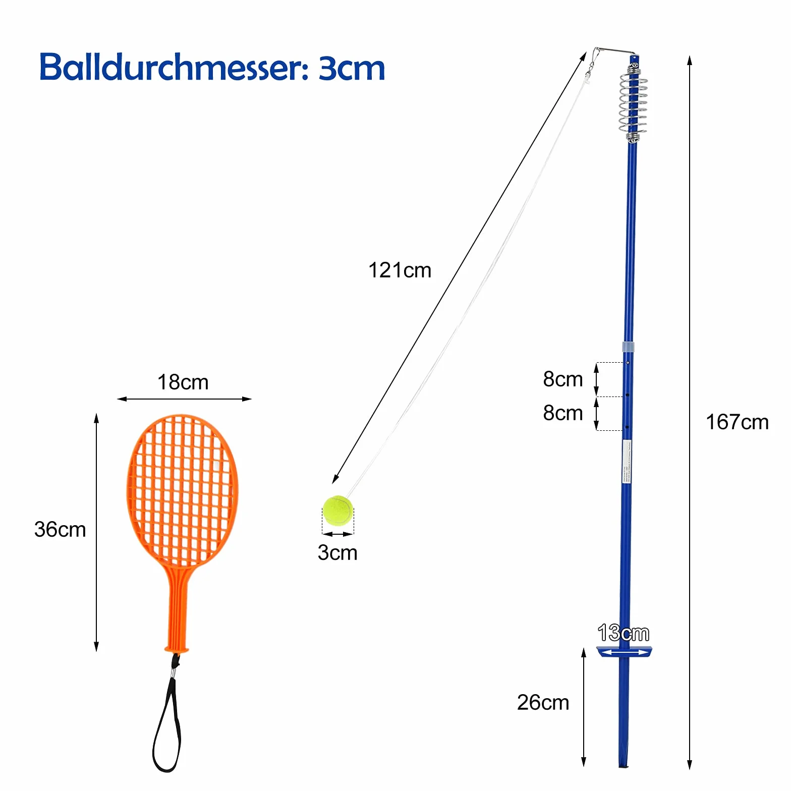 COSTWAY 3-stufig höhenverstellbares Tetherball Set, Twistball Set inkl. Ball｜2 Schlägern｜120cm Schnur, Tennisball an Schnur, Tennis Spiel für Solo und Team