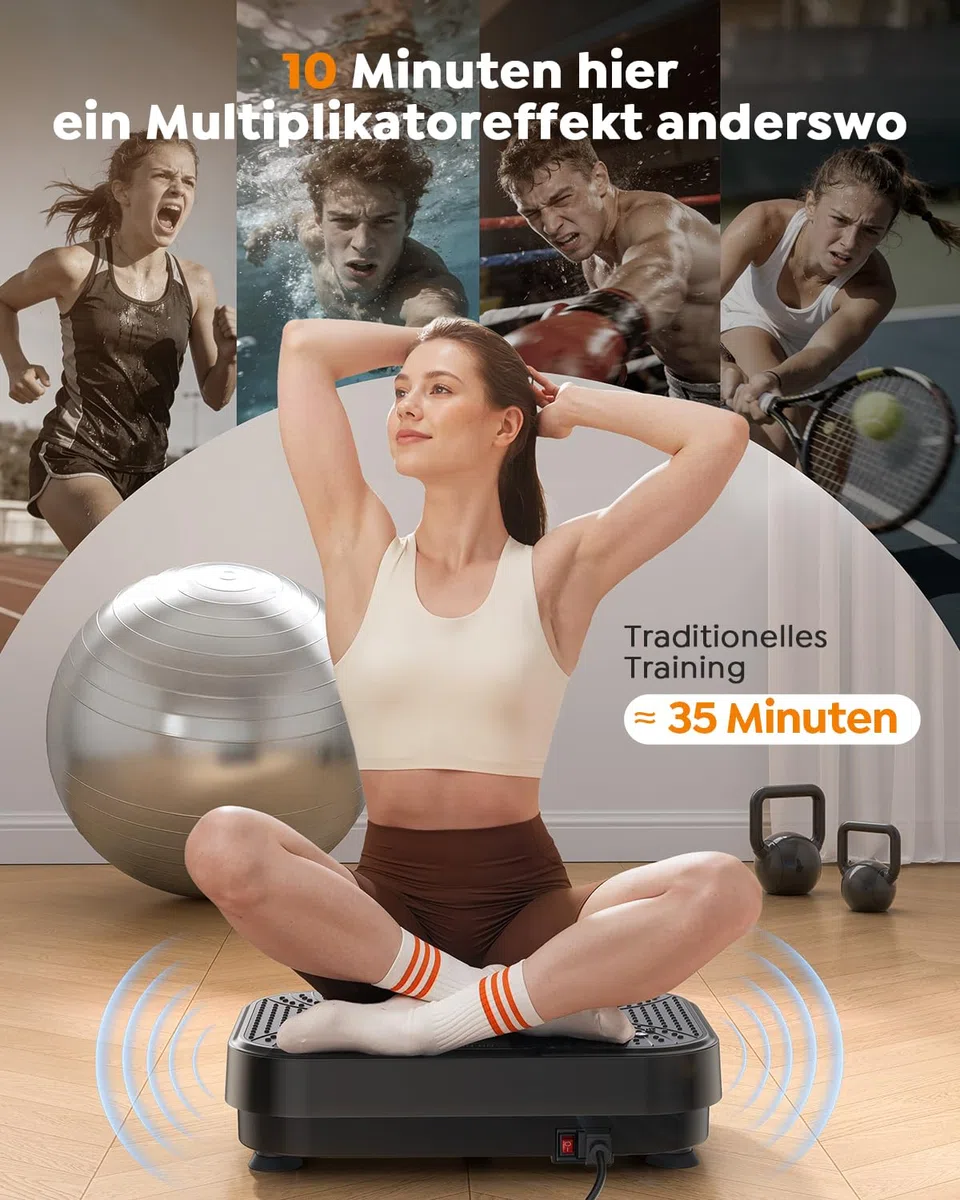 Vibrationsplatte, Burever Vibration Plate 150W, Leise Fußmassage, Muskelaufbau und -formung, 99 Intensitätsstufen, 5 Trainingsprogramme, Fernbedienung, Widerstandsbänder