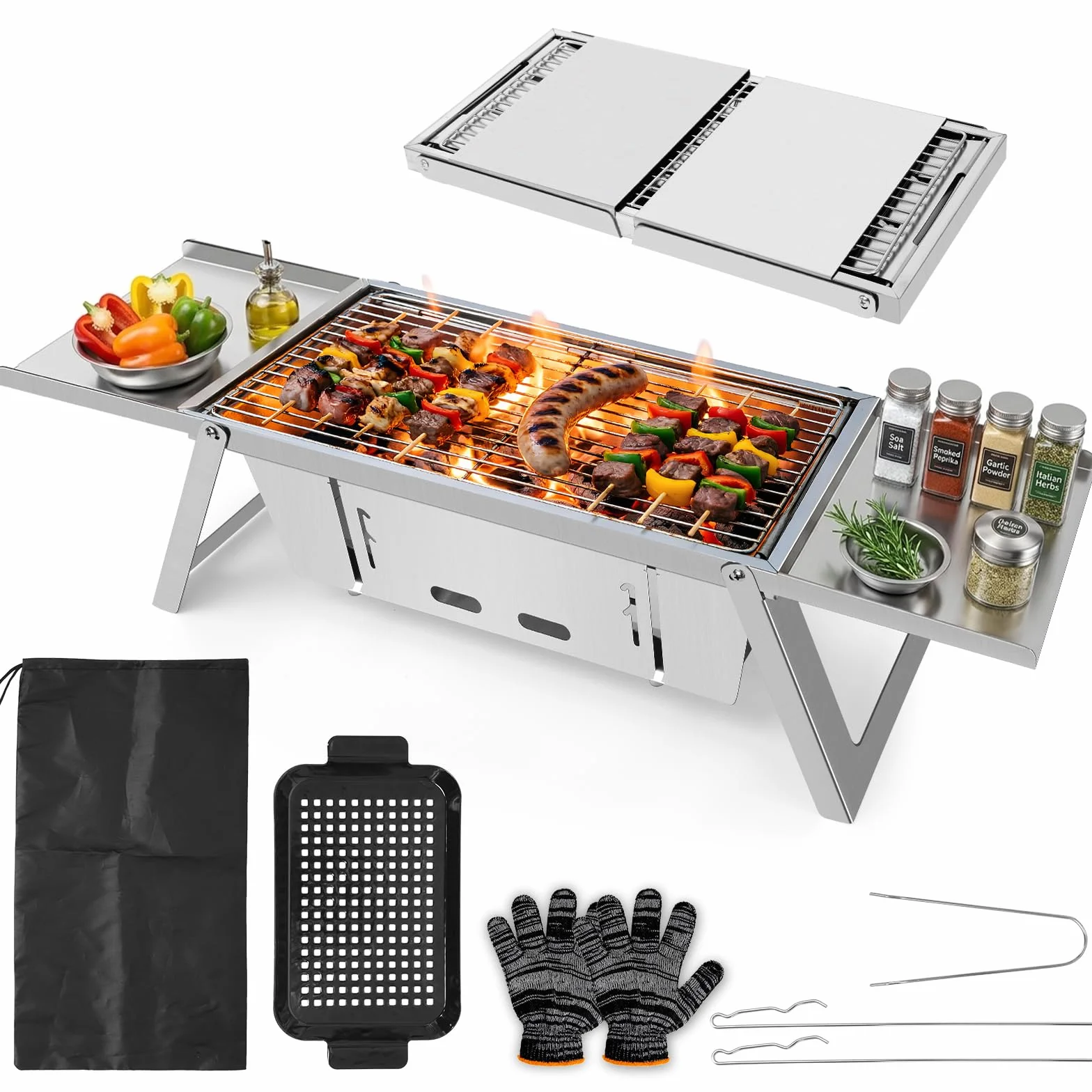 E EASTSTORM Camping Grill, Klappgrill Holzkohlegrill mit 3-stufiger Hitzeverstellung, Mini Tischgrill für 3-4 Personen, Ideal für Garten, Balkon, Strand & Reise, leicht zu Reinigen, 54x21x17.5cm