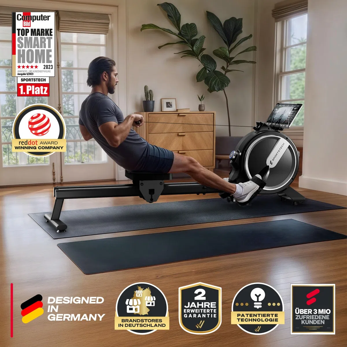 Sportstech Rudergerät für Zuhause + 32 Stufen Magnetwiderstand PROwer | Dual Slide Rail, LED Knob Display, bis 150 kg, Bluetooth App, leise, vertikal verstaubar