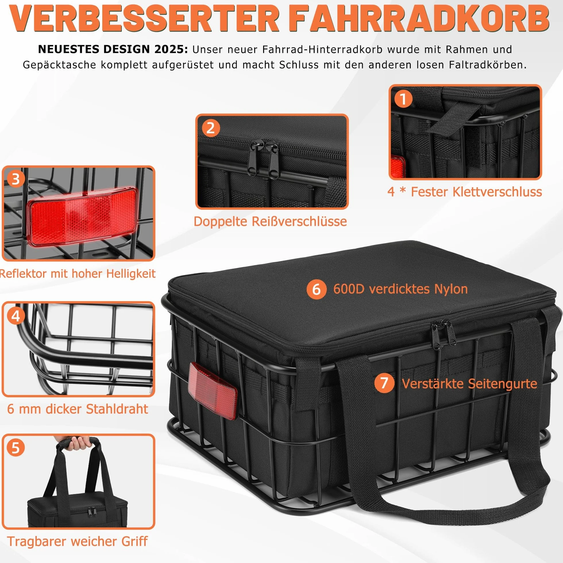 CDYWD Fahrradkorb Hinten für Herren & Damen, Groß Abnehmbar Fahrradkorb Gepäckträger mit Herausnehmbarer Innentasche, Hinten Fahrrad Korb Schulranzen für Ebike, Mountainbike, Citybike, Cruiser