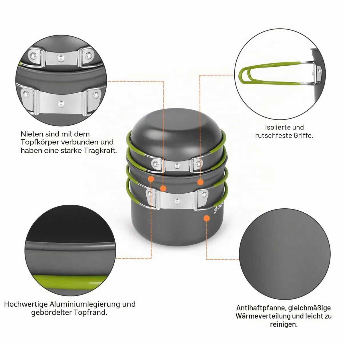Odoland Camping Geschirr Set 16 PCS für 2 Personen Outdoor Kochgeschirr aus Aluminium und Edelstahl Camping Töpfe Becher Faltbare Besteck Mini Campingkocher für Outdoor Geschirr Picknick Wandern
