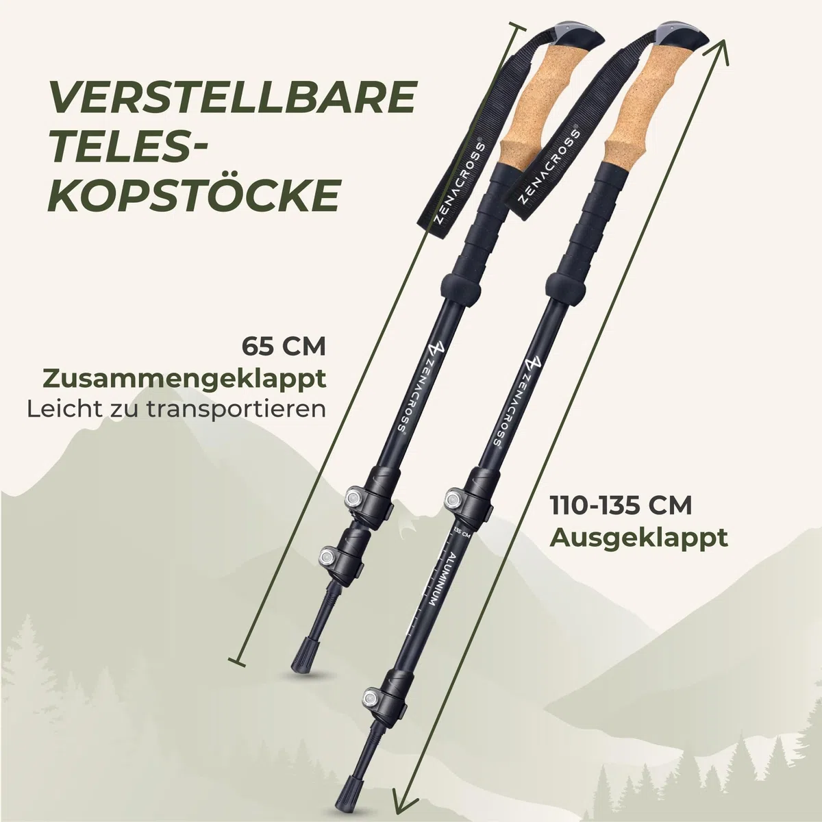 Wanderstöcke Teleskop [Carbon oder Aluminium] - Nordic Walking Stöcke Damen/Herren Ultraleichte - Trekkingstöcke Einstellbar mit Natürlich Kork Griff