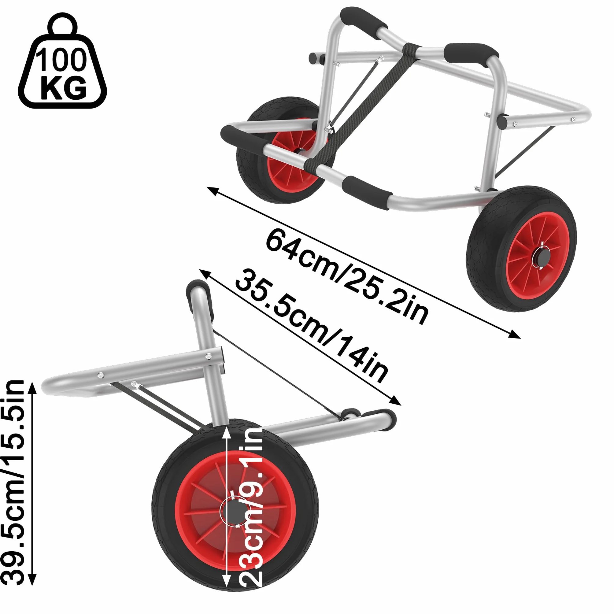 Kajakwagen Faltbarer Transportwagen aus Alu mit 2 PU-Räder & Spannriemen Kanuwagen Bootswagen Surfwagen Bis 100KG für Kanu Kaja und Schlauchboot
