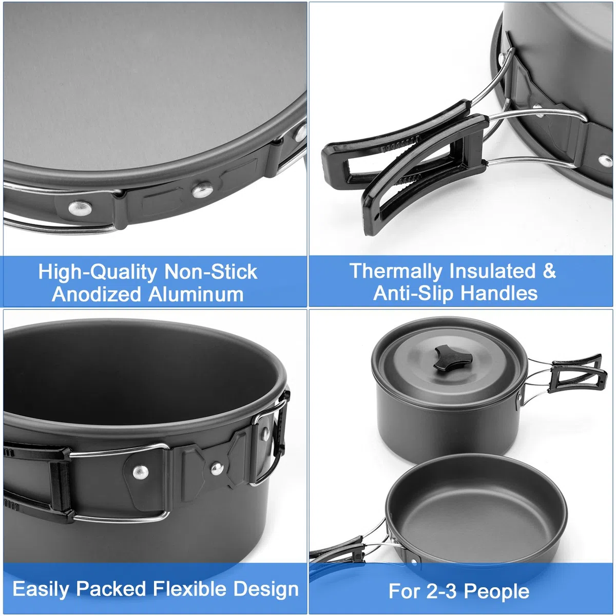 Odoland Geschirr-Set für 1-2 Personen, Kochset mit tragbarem Aluminiumtopf Teekessel Tassen faltbares Besteck, für Camping Outdoor Picknick Wandern