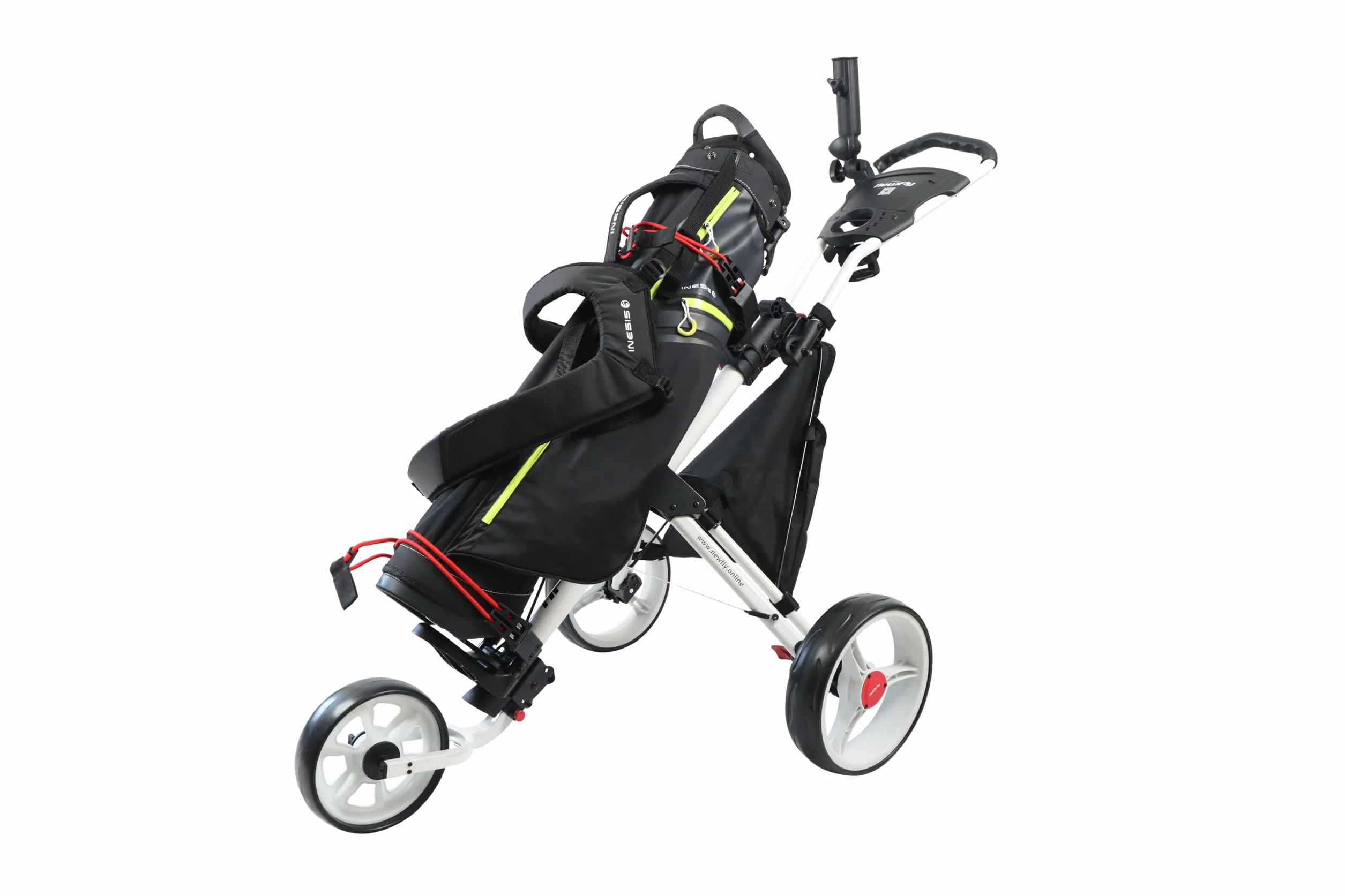 Newfly Golftrolley mit 3 Rädern, Ultraleicht, zusammenklappbar, mit Fußbremse, einfach zu öffnen und zu schließen, Golfwagen, mit Schirmhalter und Aufbewahrungstasche, Rot