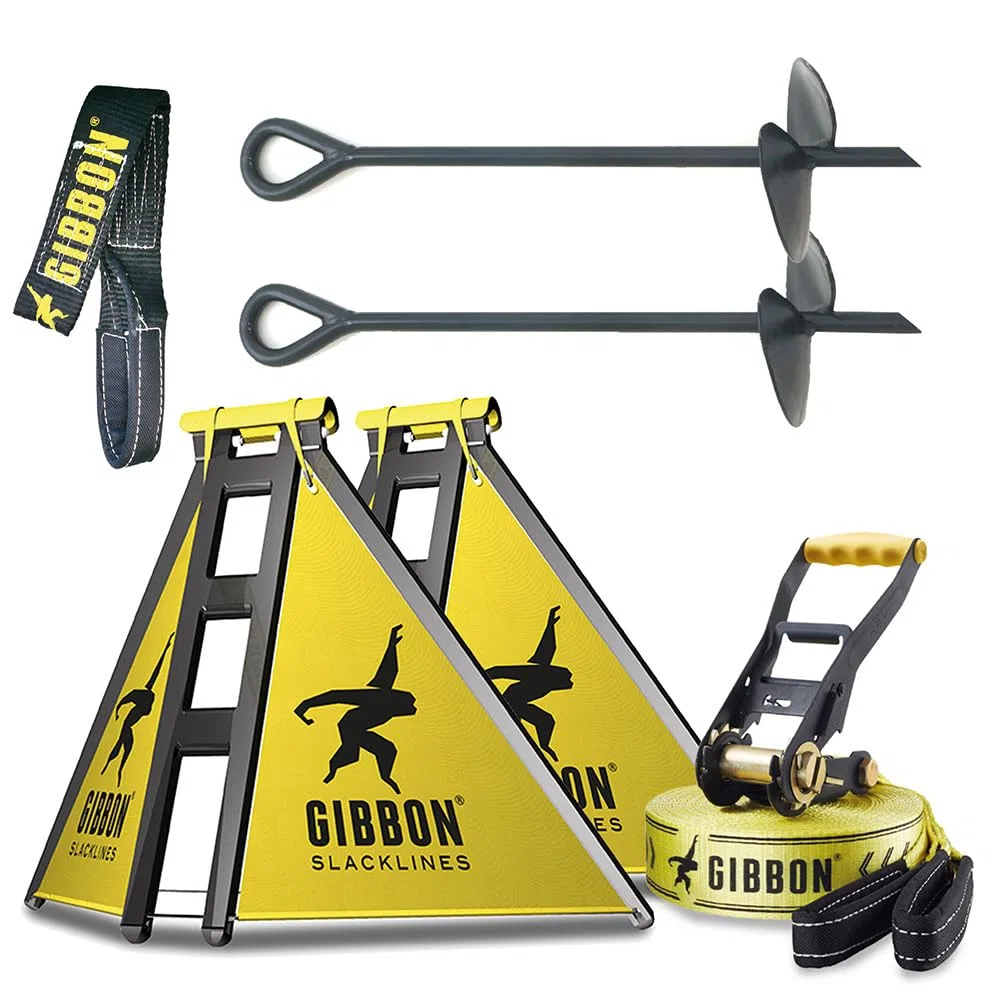 Gibbon Slacklines IndependenceKit Classic für Slacklinen ohne Bäume - Witterungsbeständig, Balance und Spaß mit Trampolin-Effekt, inkl. Slackframes, Bodenschrauben und Anleitungen