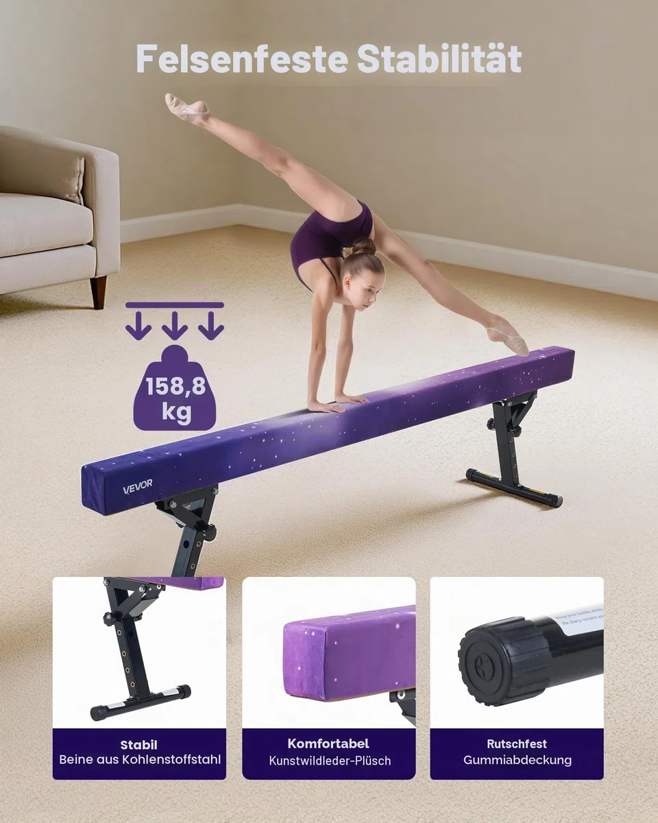 VEVOR Schwebebalken Gymnastik Kinder 241 cm Höhenverstellbar (5-stufig/170/380470/540/565mm), 158,7 kg belastbarer Gymnastikbalken Turnbalken, Balance Balken Balancierbalken für Fitnessstudio