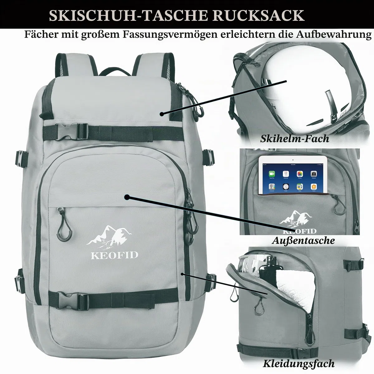 KEOFID Skischuhtasche für Damen und Herren, 50L Ski-Reiserucksack und Snowboardtasche