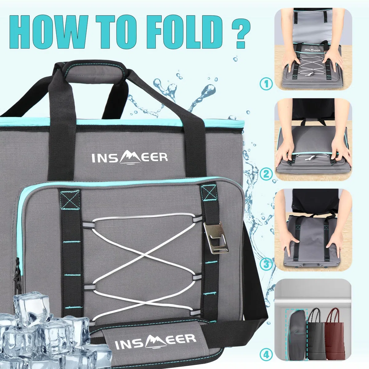 INSMEER Kühltasche Groß 55L, 90 Dosen XXL Kühltasche Faltbar Thermotasche, Isoliertasche mit Schultergurt & Flaschenöffner, Faltbare Kühlbox, Weiche Kühltaschen für Picknick,Camping, Strand, Familie