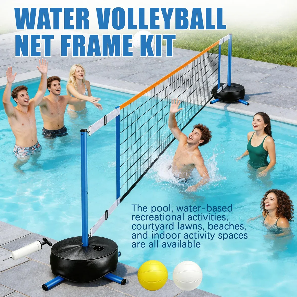 Pool Volleyball Set, Tragbarer Wasser Volleyballnetz für Erwachsene mit 20L Wasserbeutel und Luftpumpe für Sommer Poolspiele Verstellbar 4,5-7.6m（15-25FT）