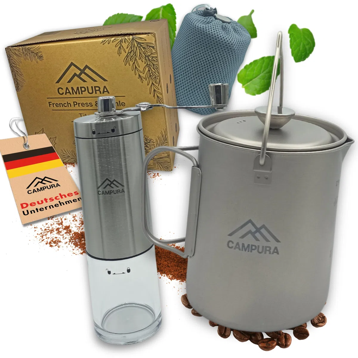 Titan French Press Topf - 750ml mit Edelstahl Hand-Kaffeemühle, Präzisionsfilter, Leicht & Kompakt - Outdoor Kaffeekocher, Camping French Press