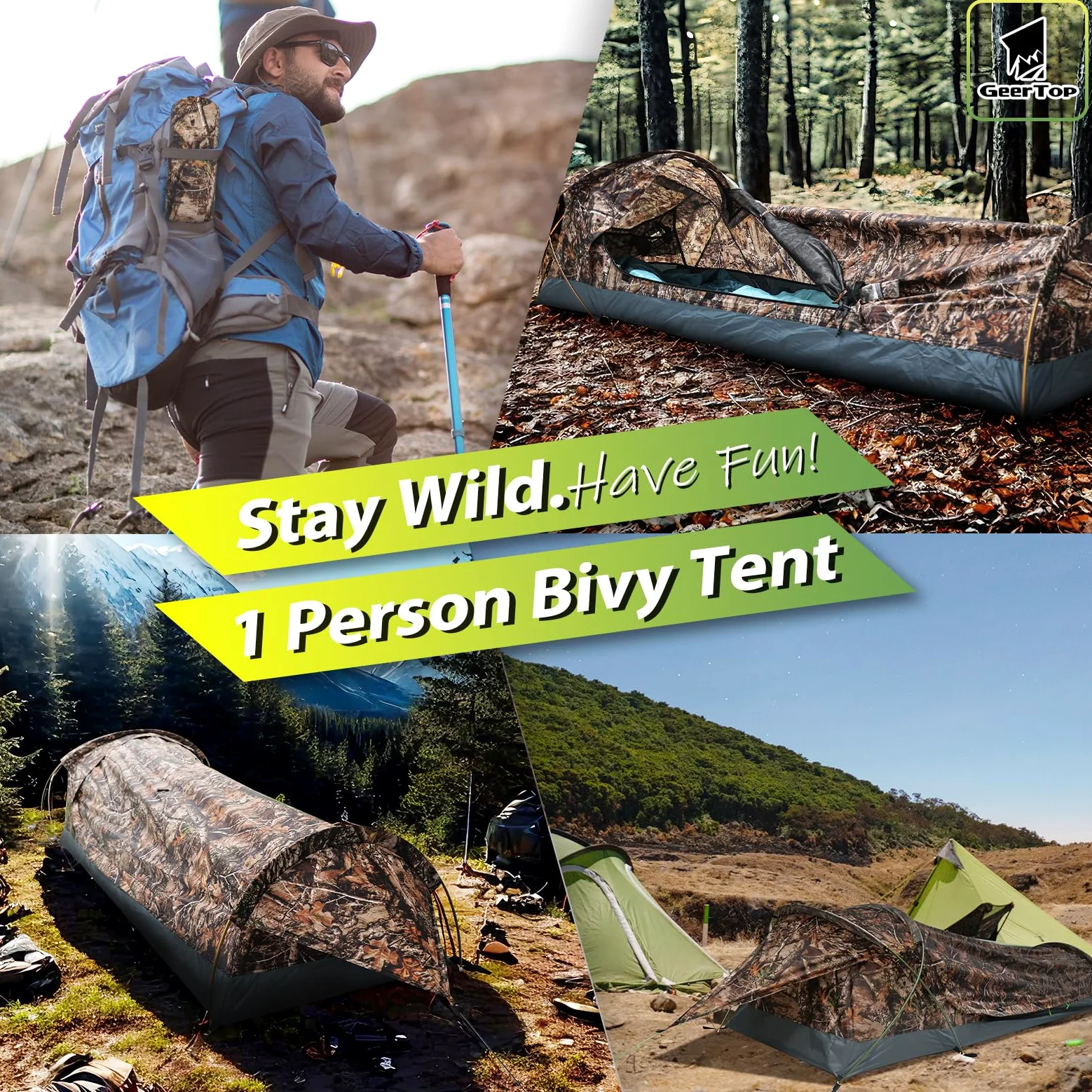 GEERTOP Ultraleichtes Kompakt-Biwaksack für 1 Person, wasserdichtes und kleines Bivy Zelt, schnell aufgebautes Trekkingzelt, geeignet für Wandern, Rucksackreisen, Camping, Bergsteigen, Partys
