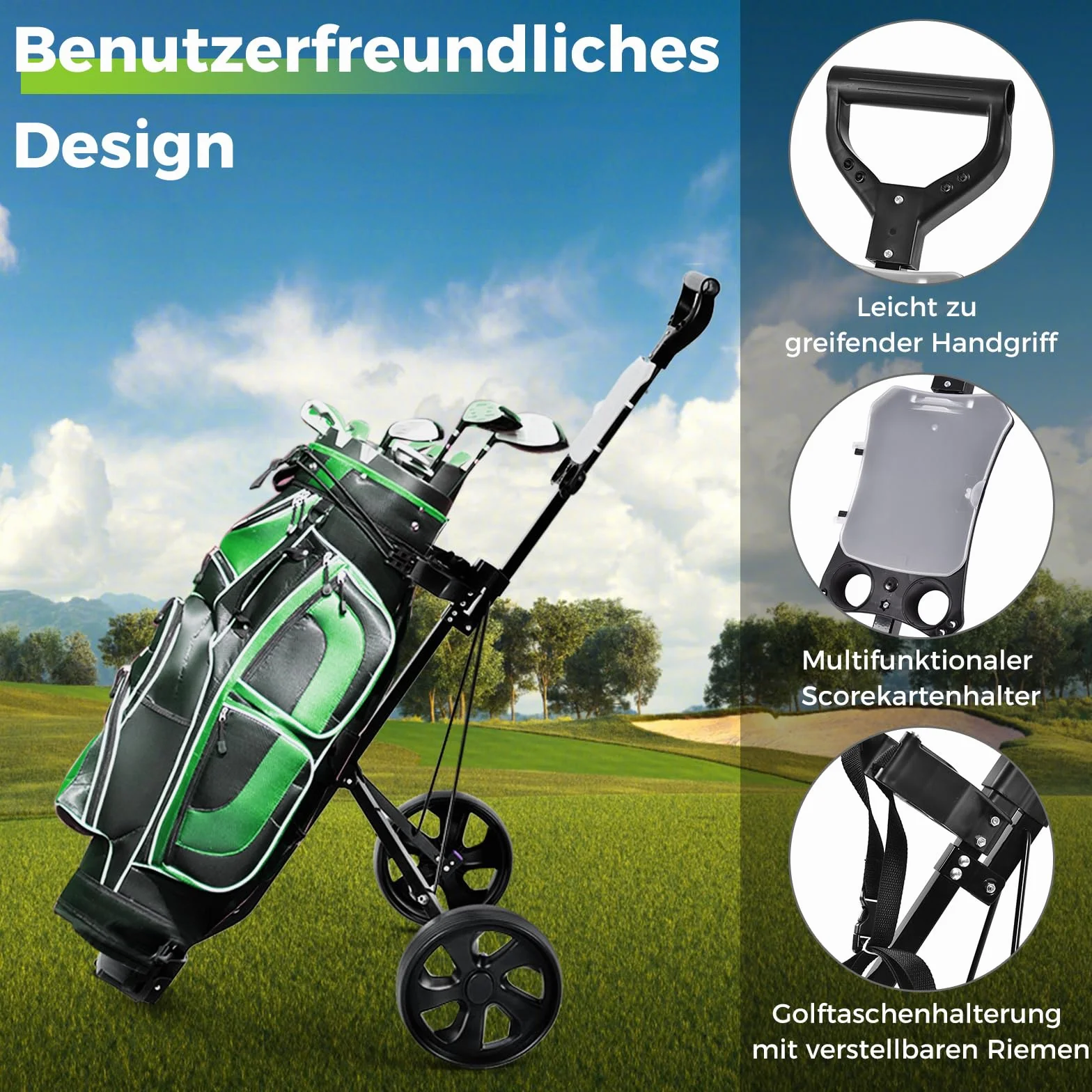 COSTWAY Golf Trolley, 2 Rad Golftrolley klappbar, Golfwagen aus Stahl, mit Scorecardhalter, Golf Bag Push Cart für Anfänger