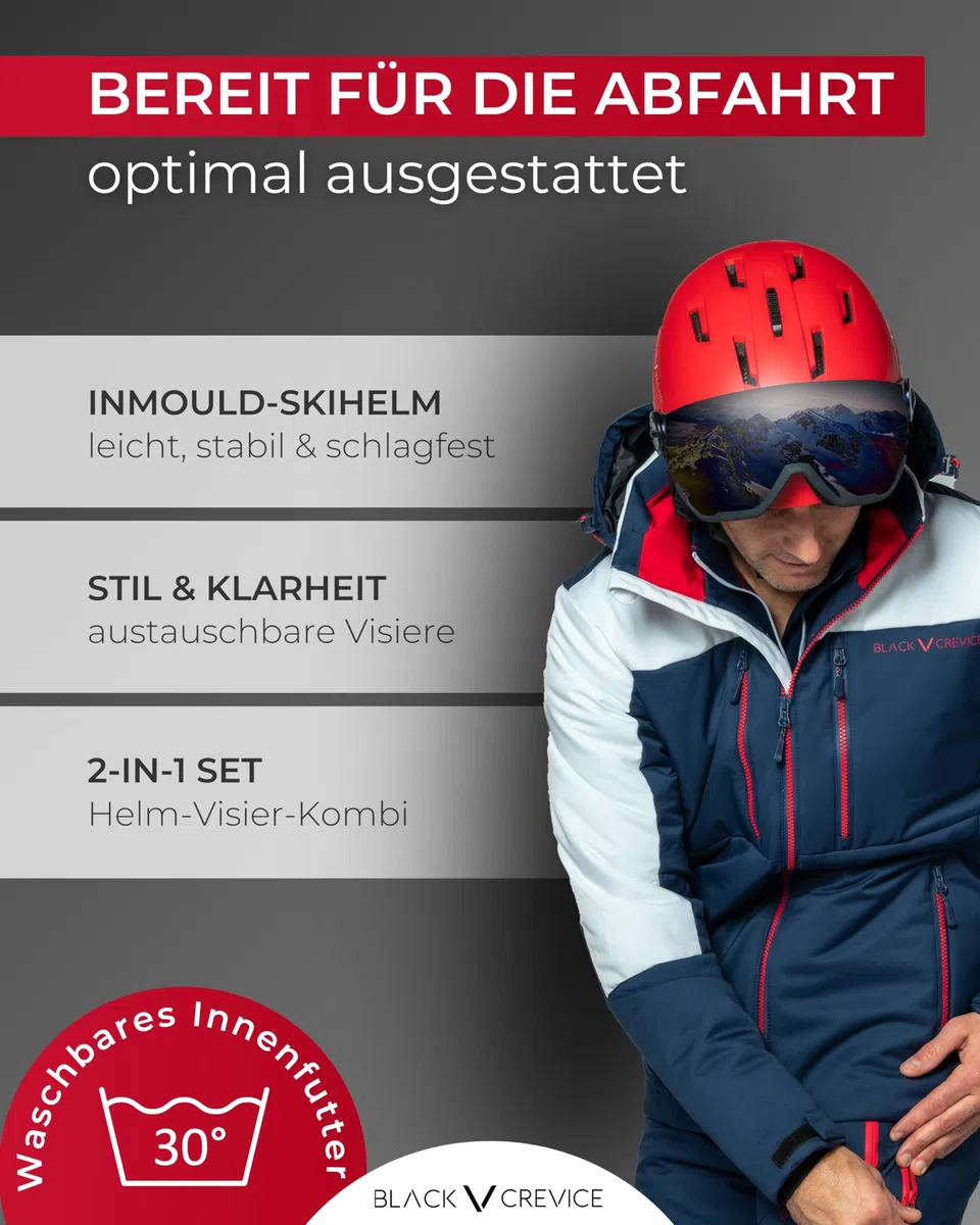 BLACK CREVICE Skihelm Gstaad Mit Visier im Pilotenstyle für Herren & Damen | Aus Polycarbonat | Atmungsaktiv | Größenverstellbar