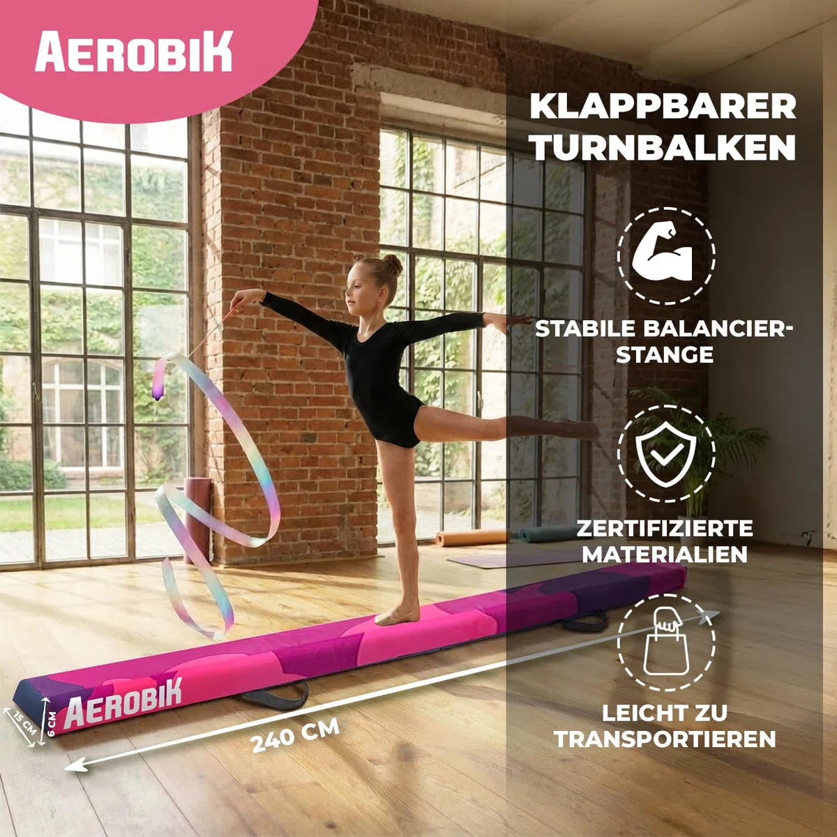 Aerobik | Klappbarer Schwebebalken 240 cm Violett | Stabil, rutschfest & Waschbar | Für Kinder & Erwachsene | Inklusive Gymnastikband | Original Corner