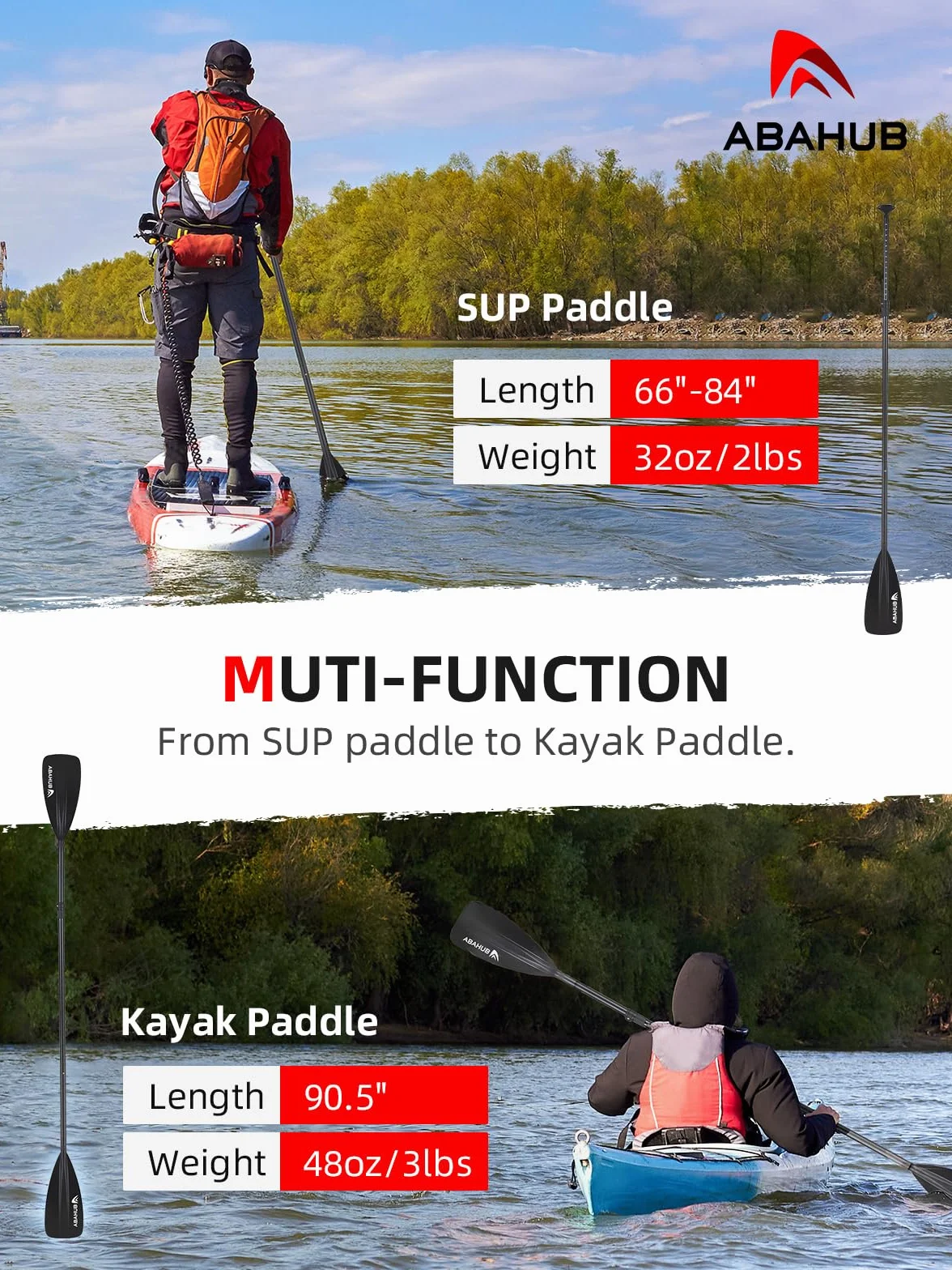 Abahub 2 in 1 Sup Kajak Paddel Aluminium Einstellbares Stand Up Paddle für Paddleboard, Aluminiumlegierung PU-beschichtete Schaft Kunststoff Nylon Klinge
