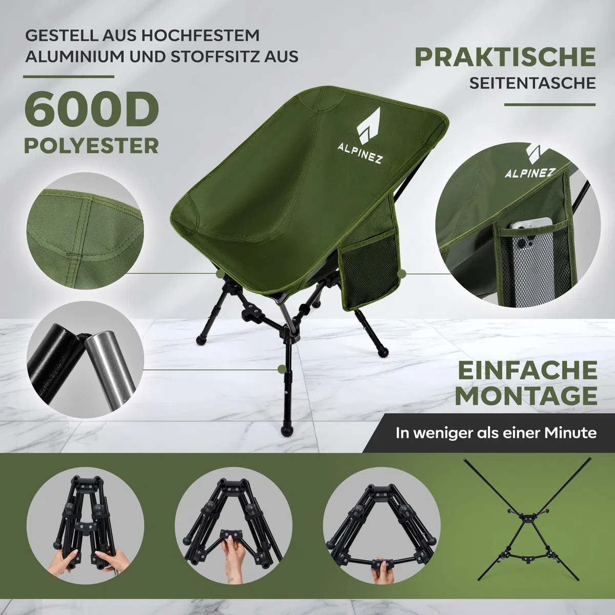 Campingstuhl faltbar leicht höhenverstellbar | TESTSIEGER 2026 | kleines packmaß Faltstuhl Camping Stuhl klappbar | Angelstuhl ultraleicht Campingstühle Strandstuhl
