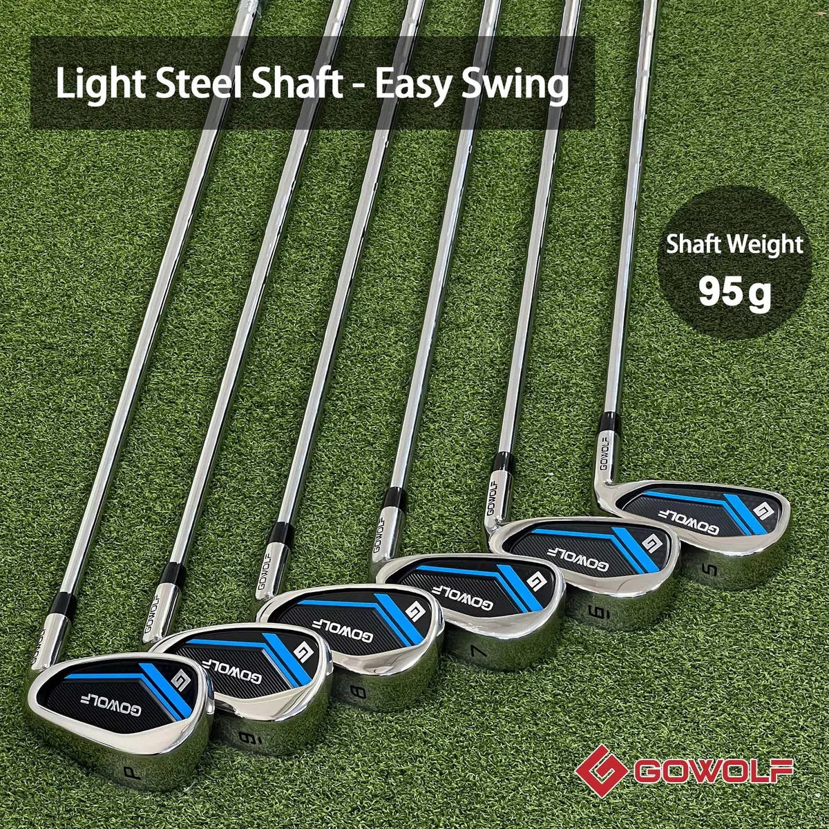 Gowolf Golf-Eisen-Set oder Einzeleisen (5, 6, 7, 8, 9, Pitching Wedge) für Herren, rechte Hand, hochwertiger 95 g Stahlschaft mit tiefen Rillen für extreme Fehlertoleranz, Genauigkeit und maximale