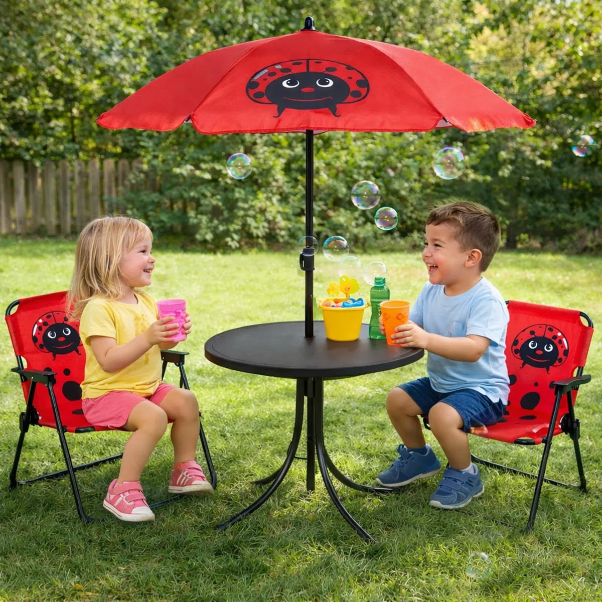 Mojawo 4tlg Kinder Campingmöbel Set Outdoor 2 x Campingstuhl Klappstuhl Käfer + Tisch + Sonnenschirm Rot
