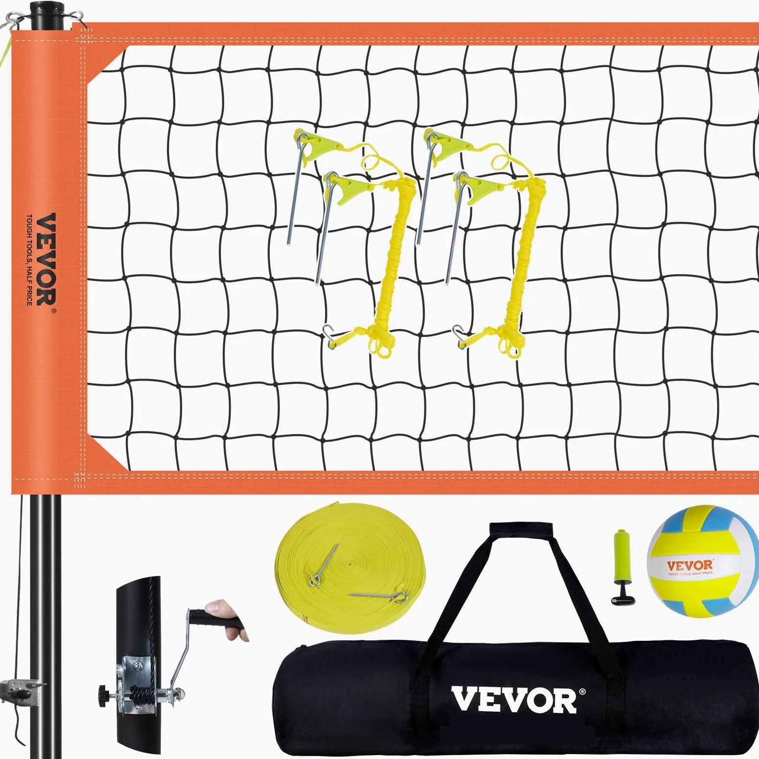 VEVOR Höhenverstellbares Volleyballnetz Set, 9,7 x 2,4 m Tragbarer Beachvolleyball-Netz, Orange Faltbar Mit Volleyball & Tragetasche, Für Garten, Strand