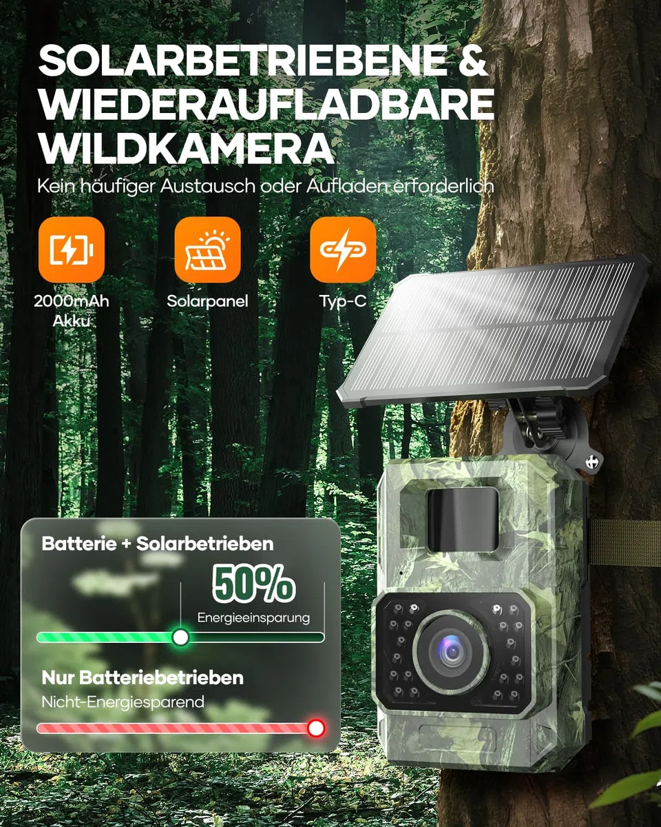 Assark Wildkamera mit Handyübertragungs-App,WLAN Solar Wildtierkamera mit Nachtsicht Bewegungsmelder,48MP 30fps Wiederaufladbare 2000mAh Lithium-Batterie, 0,2S Auslöser, IP66 Wasserdicht
