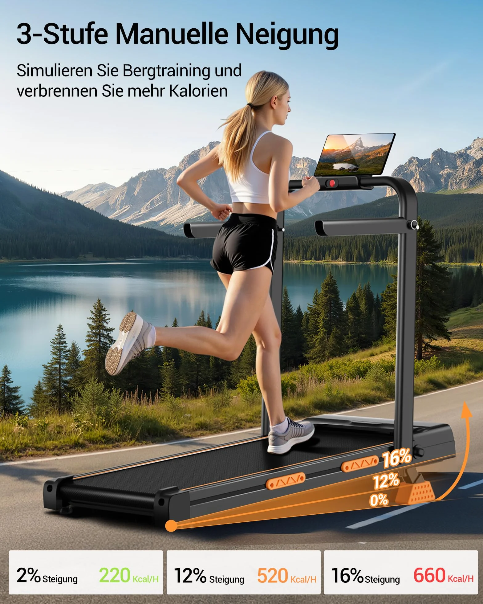 LONTEK Walking Pad Klappbar mit Steigung 10KM/H, 16% Laufband für Zuhause Klappbar mit Steigung, LED Anzeige, Fernbedienun, Laufbänder mit Handläufen, 3.0 HP Treadmill for Home, Belastung 159KG