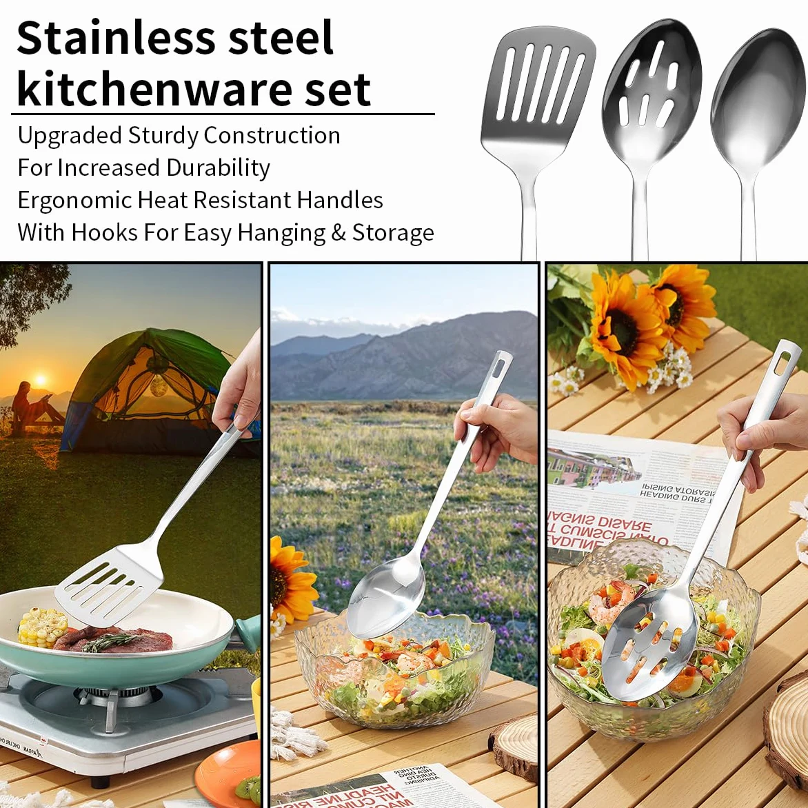 Berglander Camping-Essentials, Camping-Kochutensilien-Set, Campingzubehör-Ausrüstungs-Must-Haves, kommen mit Camping-Bestecksets, Tellern und Tassen, ideal für Outdoor-Kocher, Picknick, Grill