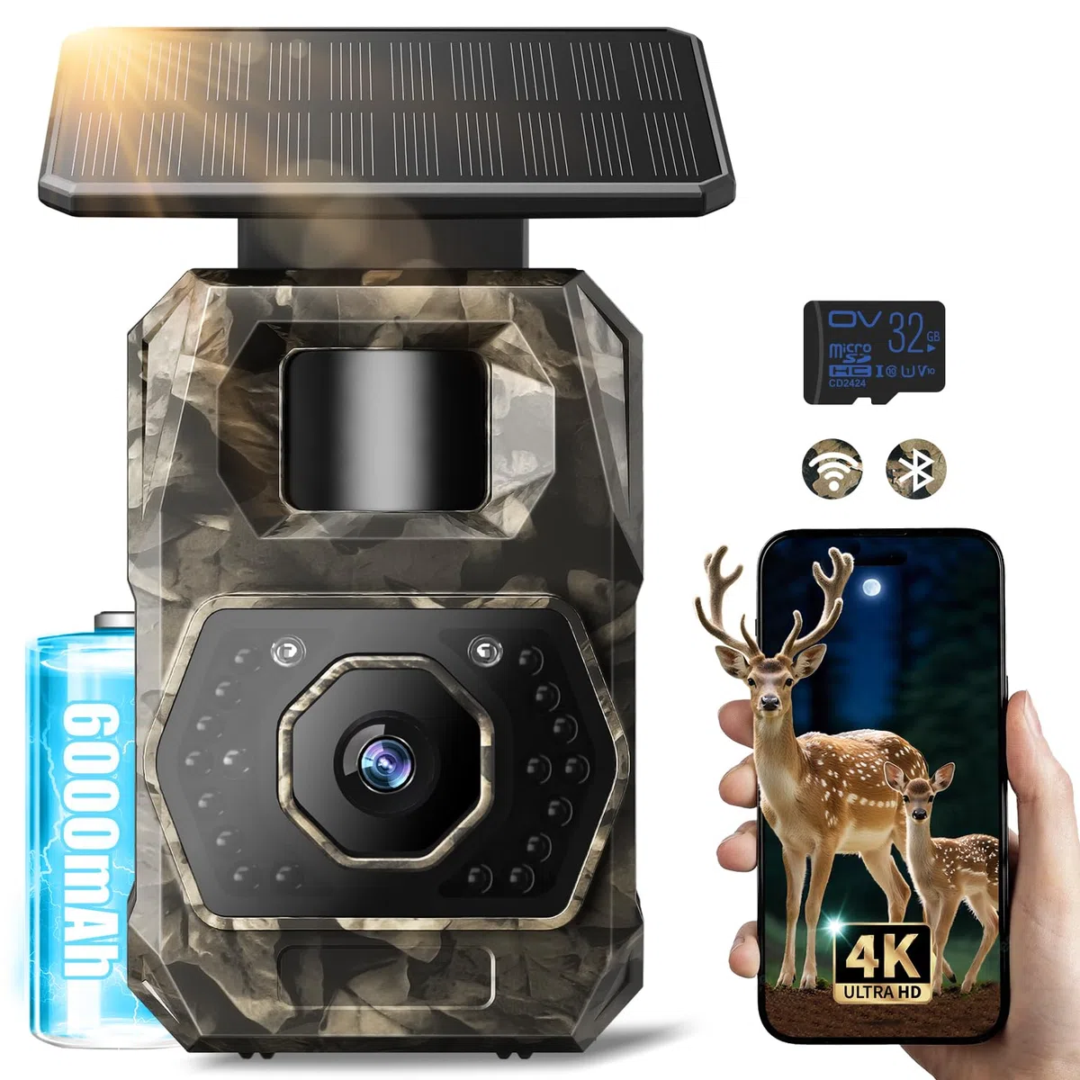 MAXDONE Wildkamera 4K 64MP WLAN Solar mit 6000mAh Akku & Bewegungsmelder Nachtsicht, IP66 Wasserdicht