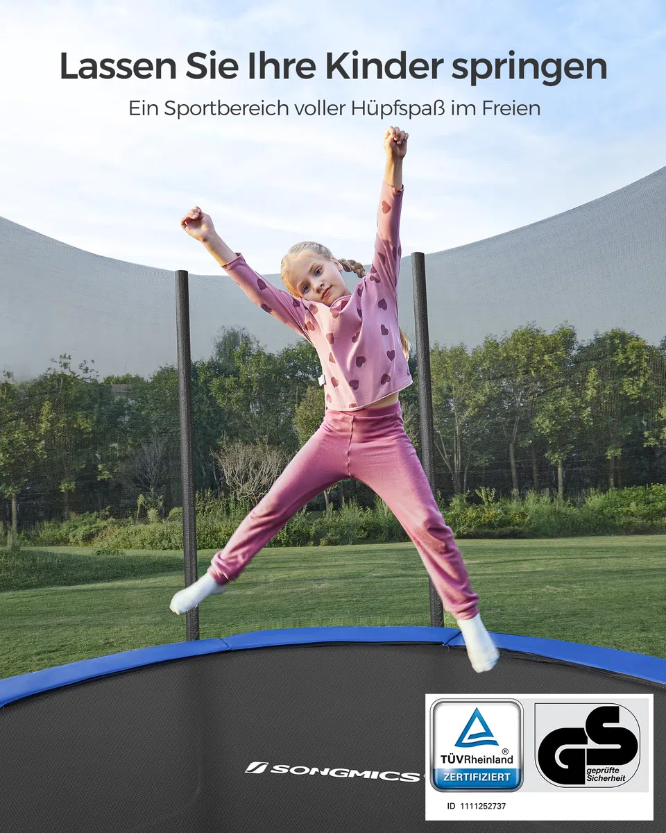 SONGMICS Trampolin Outdoor Ø 183/244/305/366/427 cm, rundes Gartentrampolin Kindertrampolin mit Randabdeckung, mit Sicherheitsnetz, mit Leiter und gepolsterten Stangen