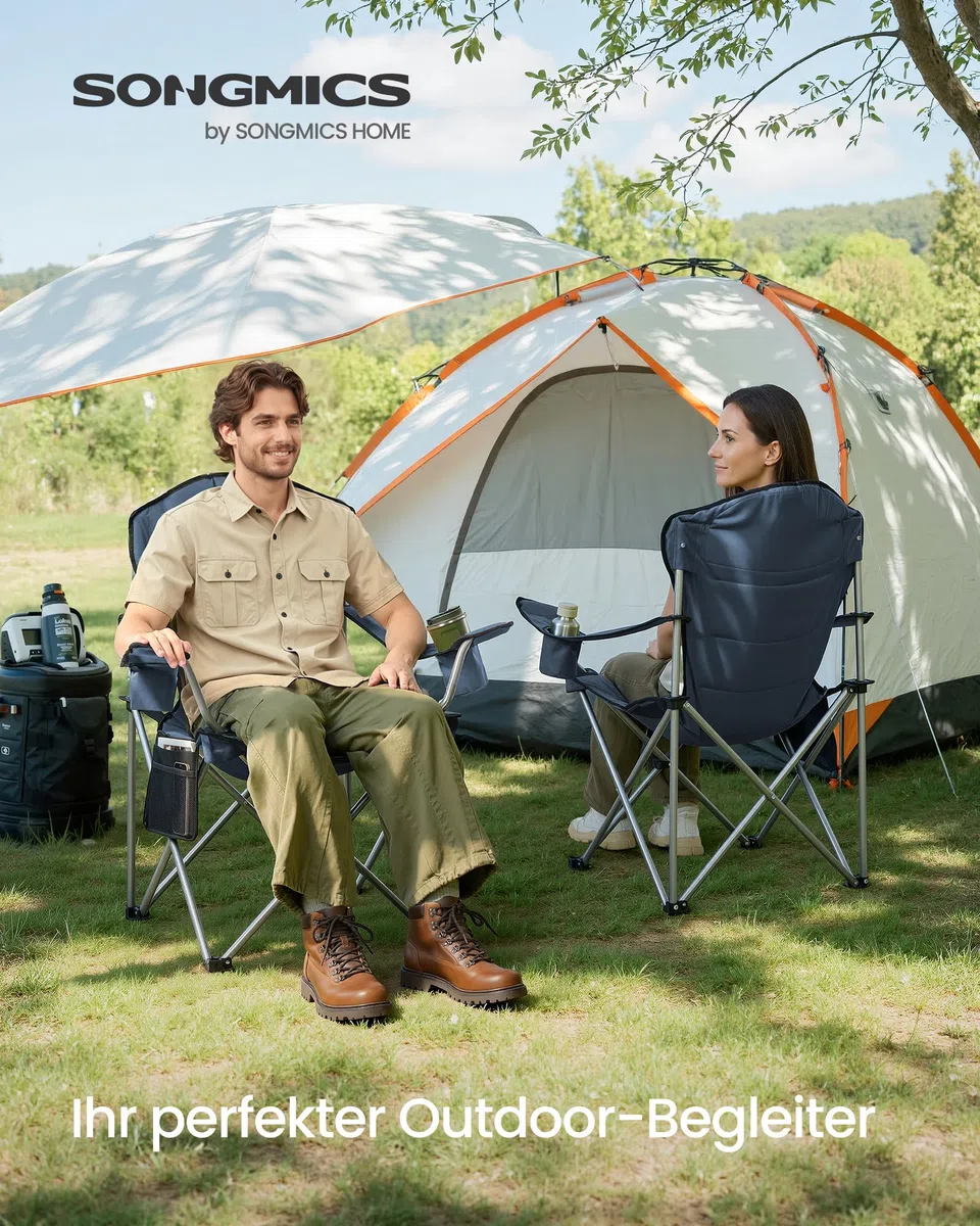 SONGMICS Campingstuhl, klappbar, Klappstuhl, breiter Sitz, hohe Rückenlehne, Outdoor-Stuhl, tragbar, Outdoor-Stuhl, mit Getränkehalter, Handyhalter, Stoff-Organizer, blau-grau GCB005QE01
