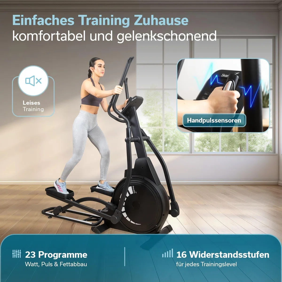 Skandika Crosstrainer für Zuhause Carbon P23 | klappbar, Ellipsentrainer mit 23 Programmen, 16 Stufen, platzsparend, leise, Kinomap App kompatibel, moderner Computer, kompakt, Cardio, Bis 135Kg