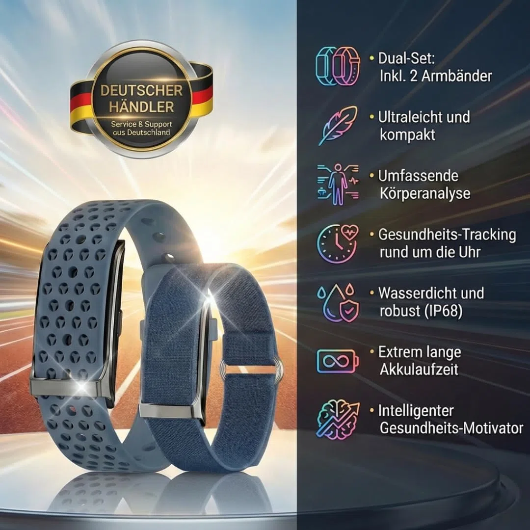 Smartband Fitness Tracker Premium (ohne Display) | Inkl. 2 Armbänder | Schrittzähler, Puls & Schlaf etc. | 20 Tage Akku, IP68 Wasserdicht | Damen & Herren | Android & iOS