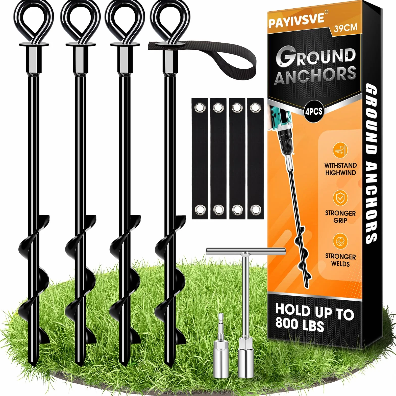 Bodenanker 4er Set - Heavy Duty Erdanker mit Gurten Resistant High Wind Zur Sicherung von Trampolinen, Zelten, Überdachungen, Schuppen, Wohnmobilen usw