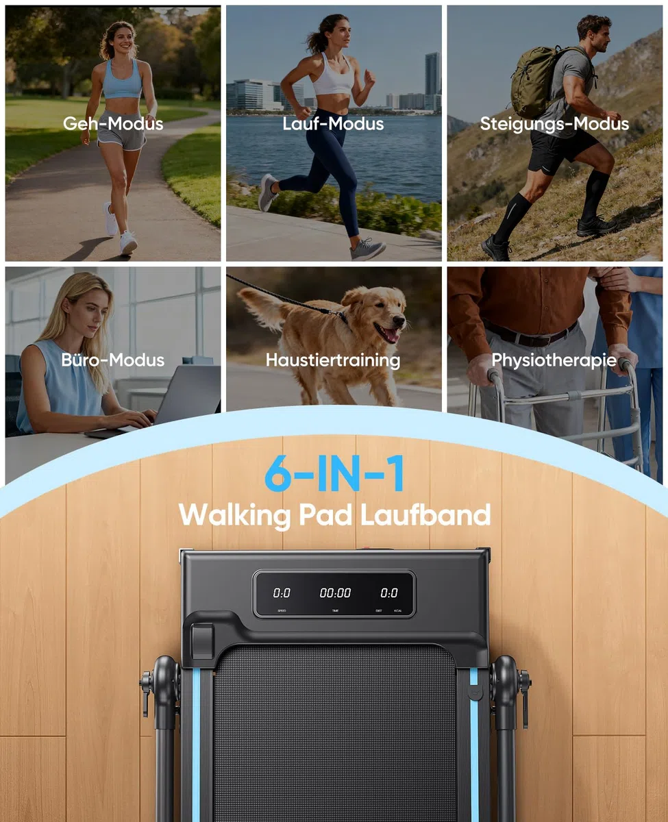 6-IN-1 Laufband für Zuhause Klappbar mit Abnehmbarem Tisch,3.0HP Laufbander mit Steigung bis 12%,12KM/H Walking Pad Klappbar mit 15cm Teleskop-Riser&RGB-Lichter,Laufband für Zuhause 150KG